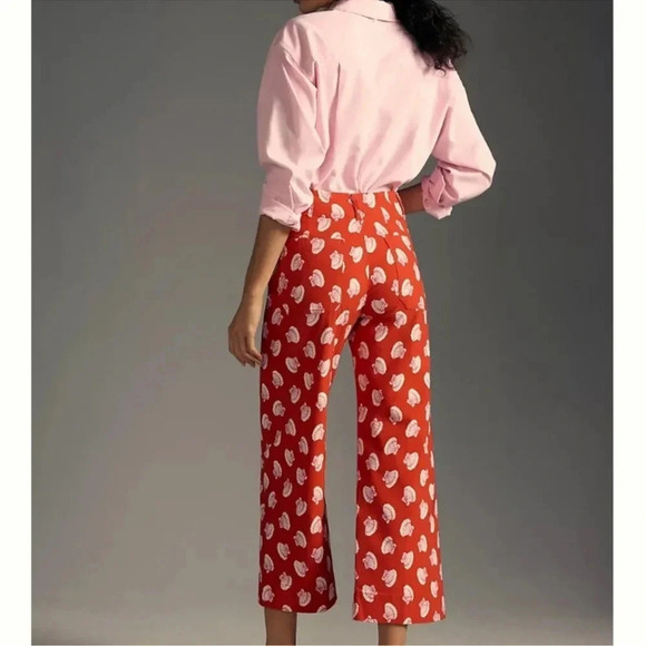 Anthropologie Maeve Colette Wide Leg Cropped Pants Seashell Beach Red 32P Petite - Picture 4 of 14